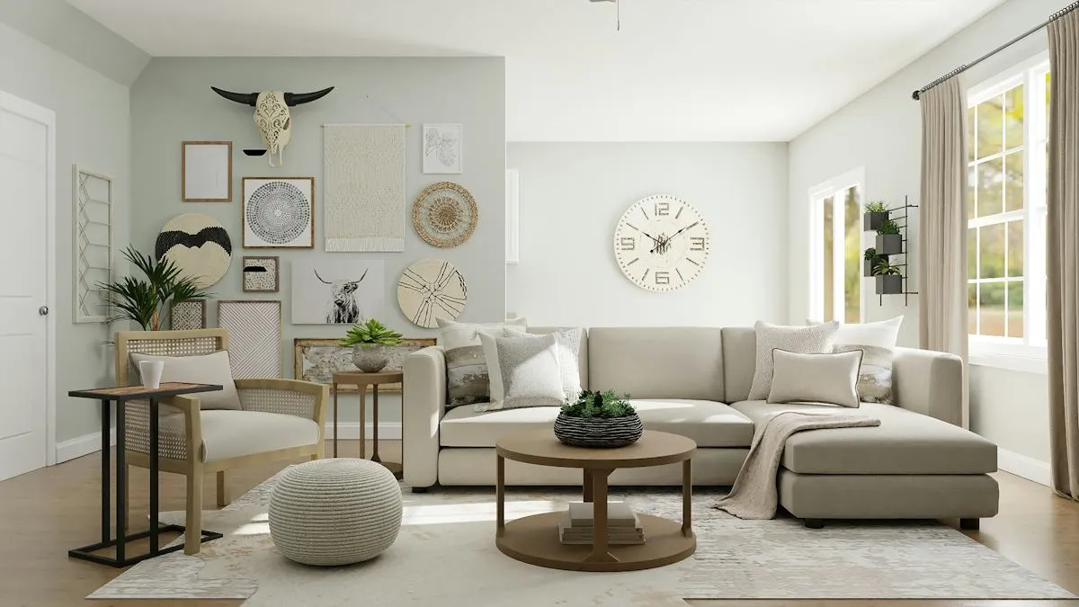 Open-plan interior with warm neutral furnishings